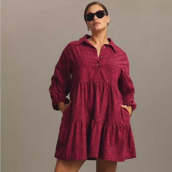 NEW Anthropologie Maeve Bettina Tiered Shirt Dress Brushed Corduroy Button Front - Picture 14 of 16